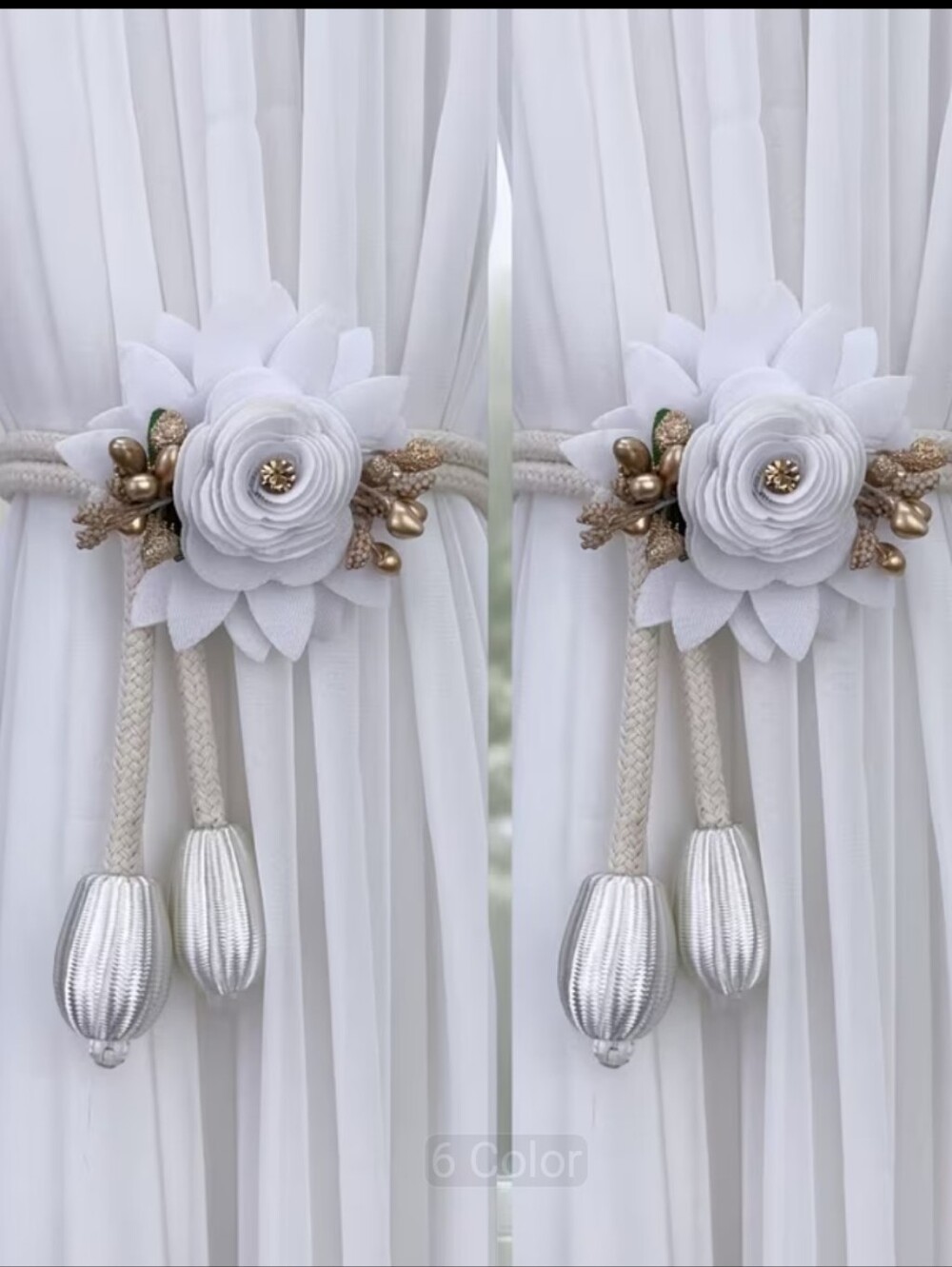 2 Piece Elegant Floral Curtain Tie-Backs. White.